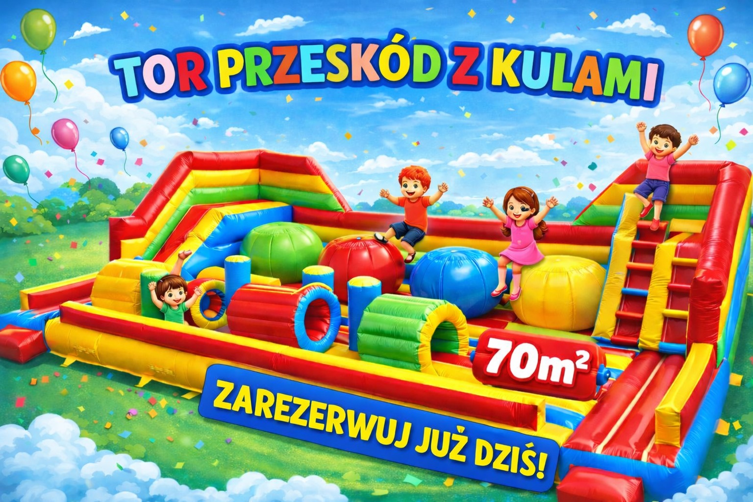 Kolorowy tor przeszkód z kulami o powierzchni 70m² dla dzieci, z napisem 'Zarezerwuj już dziś!', Lublin. Atrakcja na imprezy plenerowe i urodziny.