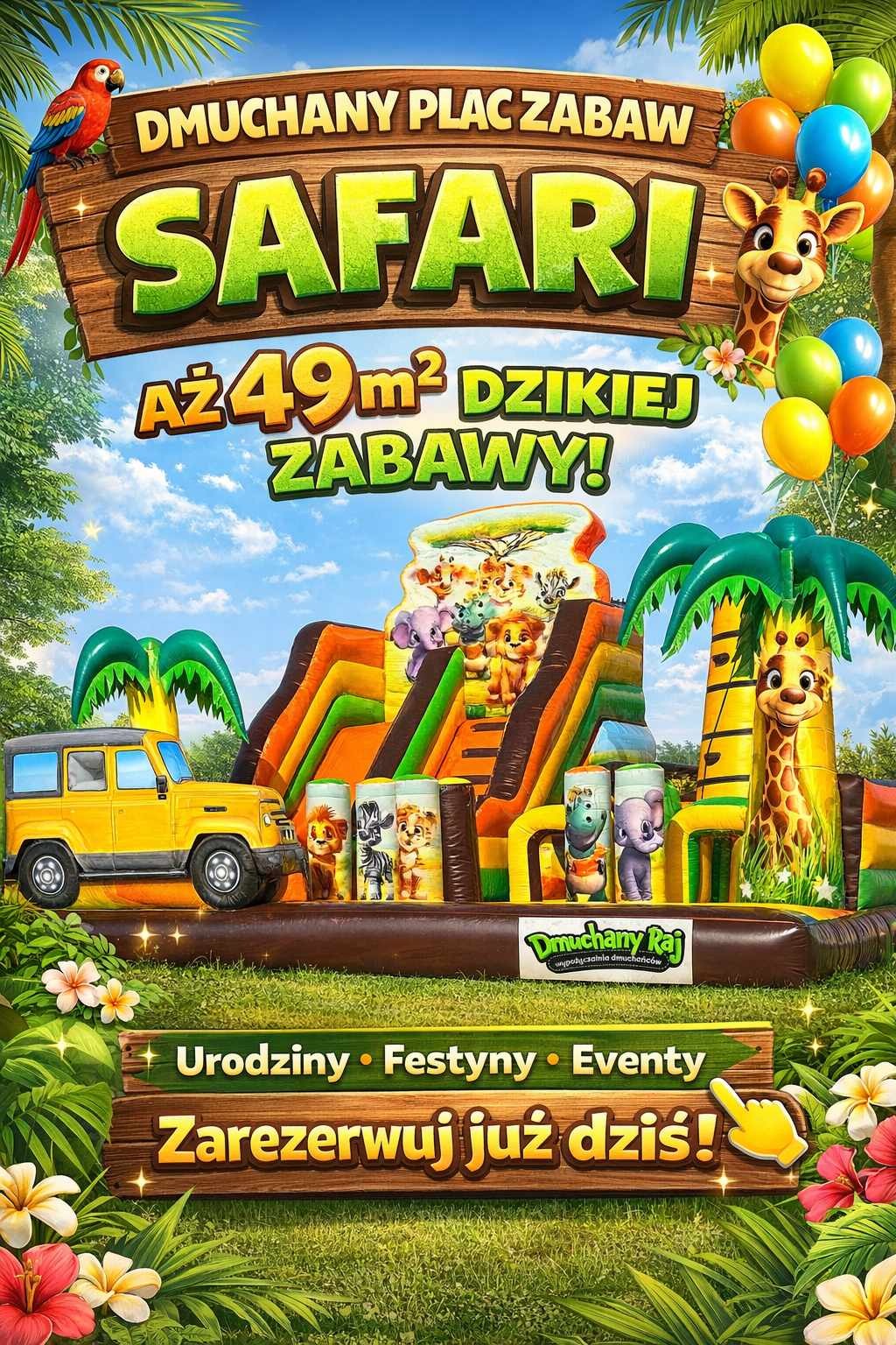 Dmuchany plac zabaw Safari z motywami zwierząt, zjeżdżalnią i tunelem, otoczony tropikalną roślinnością. Żółty jeep i balony dodają koloru. Zaproszenie na urodziny, festyny i eventy.