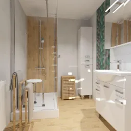 Wizualizacja nowoczesnej łazienki z kabiną prysznicową typu walk-in z drewnopodobnym panelem, białą umywalką z szafką, grzejnikiem drabinkowym, wysoką szafką i akcentem zielonej ściany...