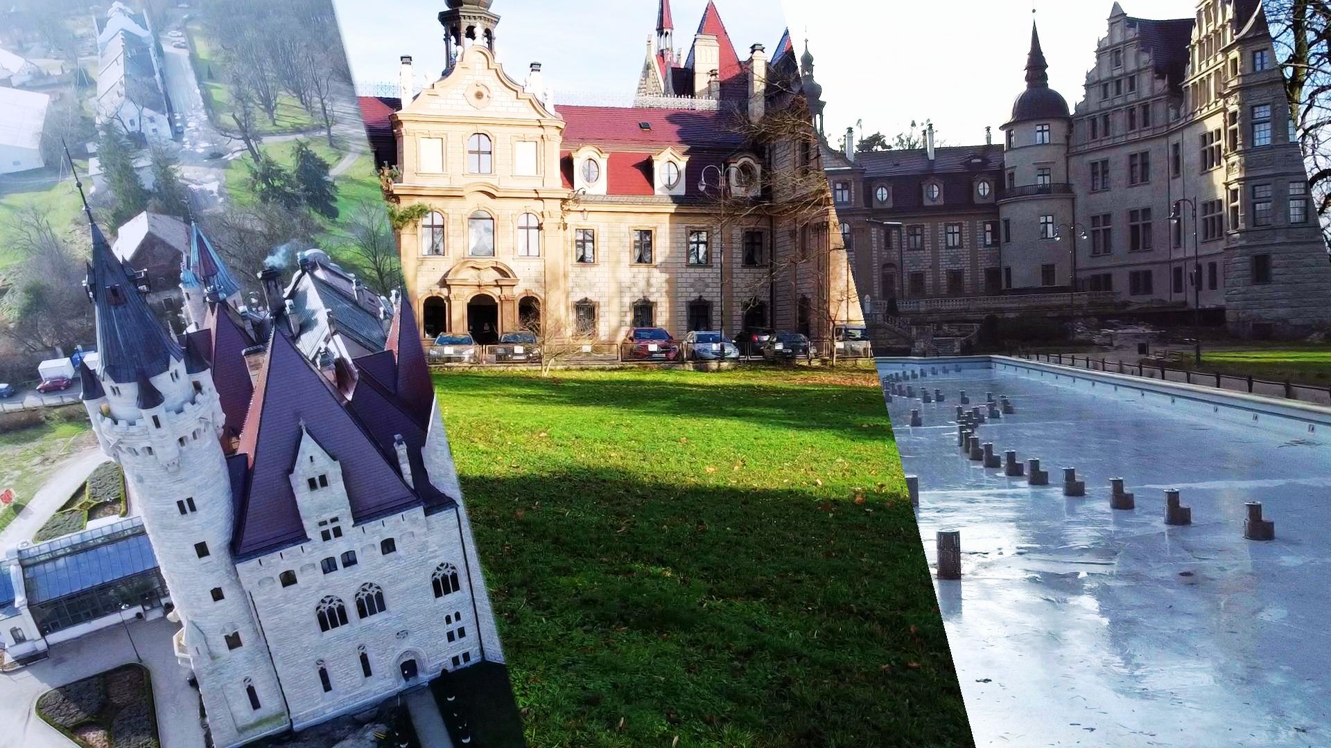 Kompozycja trzech ujęć zamku w Mosznej: widok z lotu ptaka, fasada z trawnikiem i zaparkowanymi samochodami, oraz pusta fontanna.
