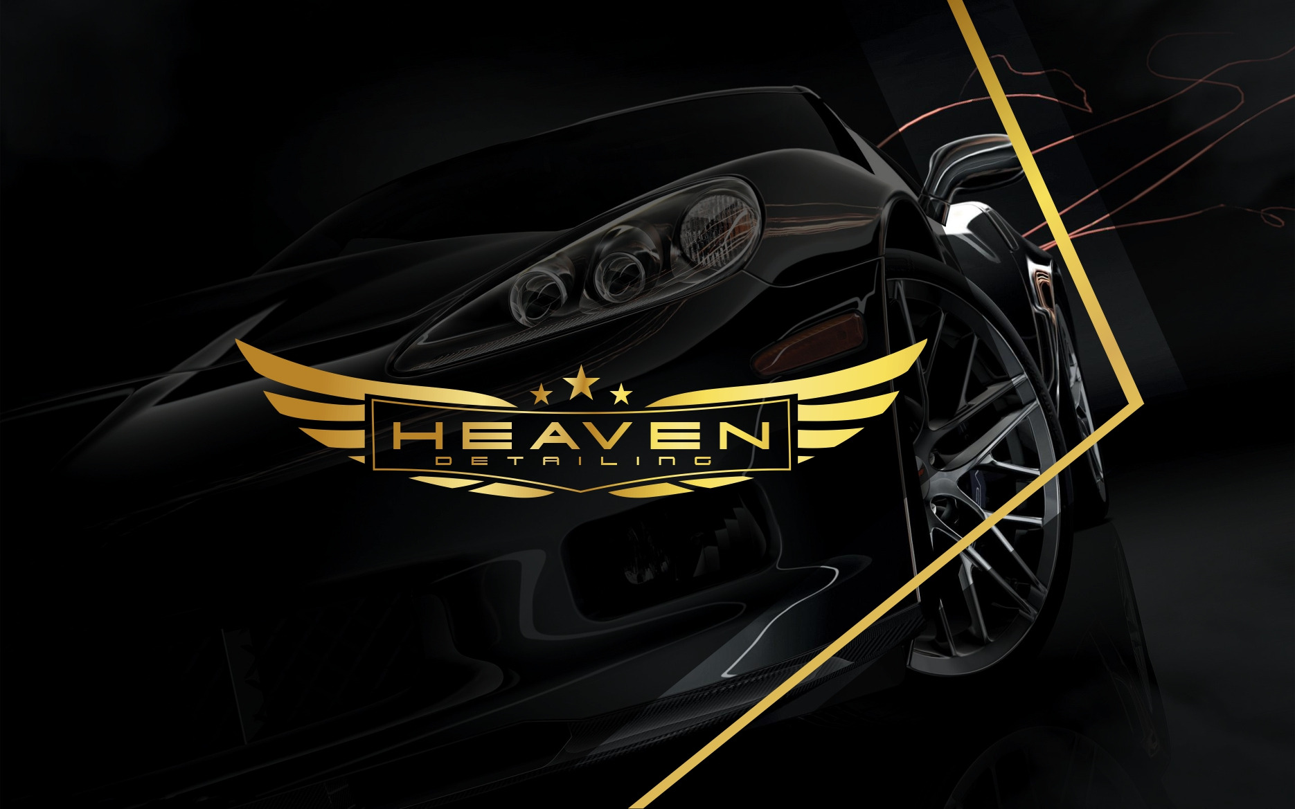 Czarny sportowy samochód z nałożonym złotym logo firmy Heaven Detailing z trzema gwiazdami, skrzydłami i obramowaniem, na ciemnym tle z elementami graficznymi.