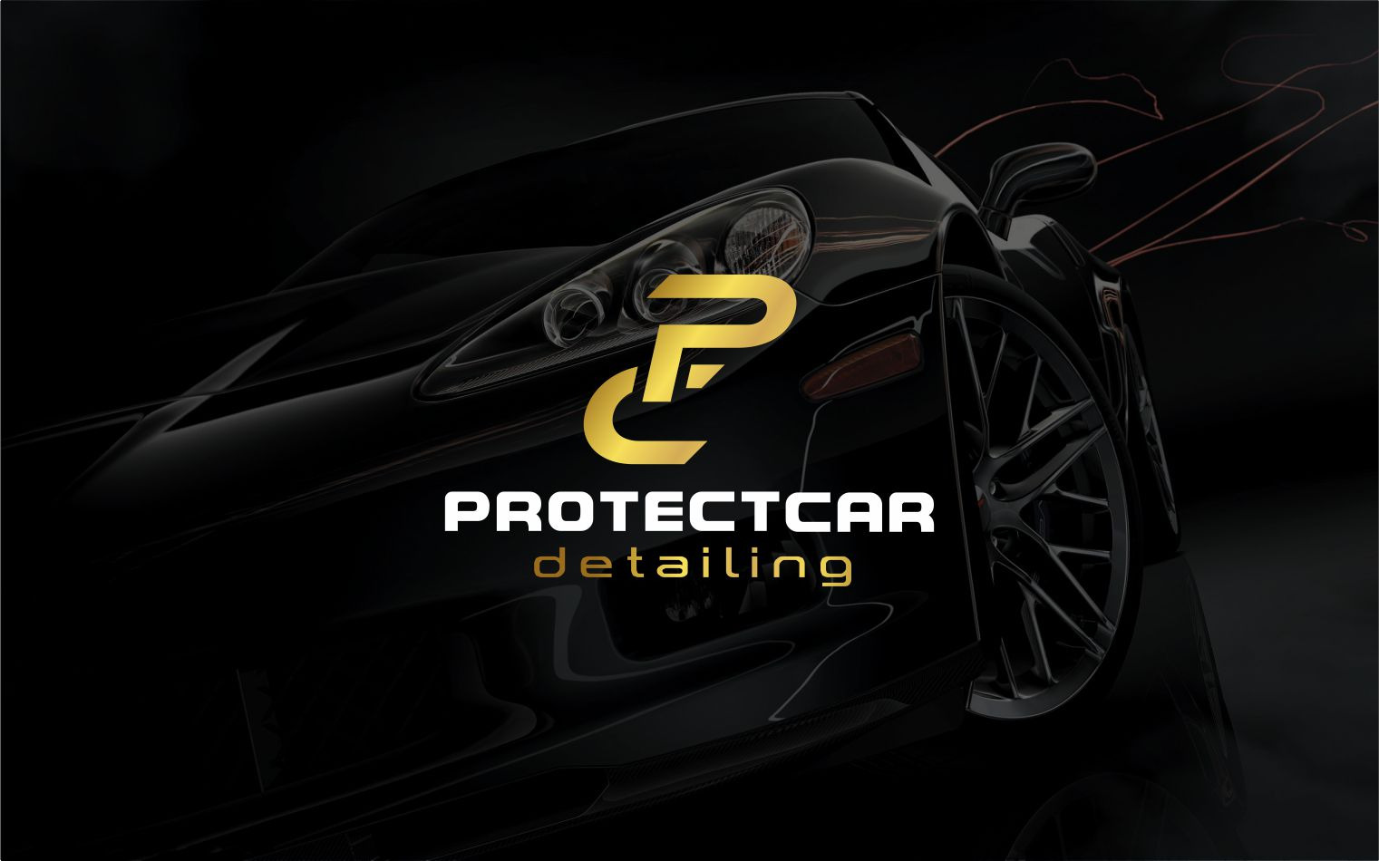 Eleganckie logo firmy detailingowej Protectcar, z sylwetką sportowego auta w tle, złote akcenty.