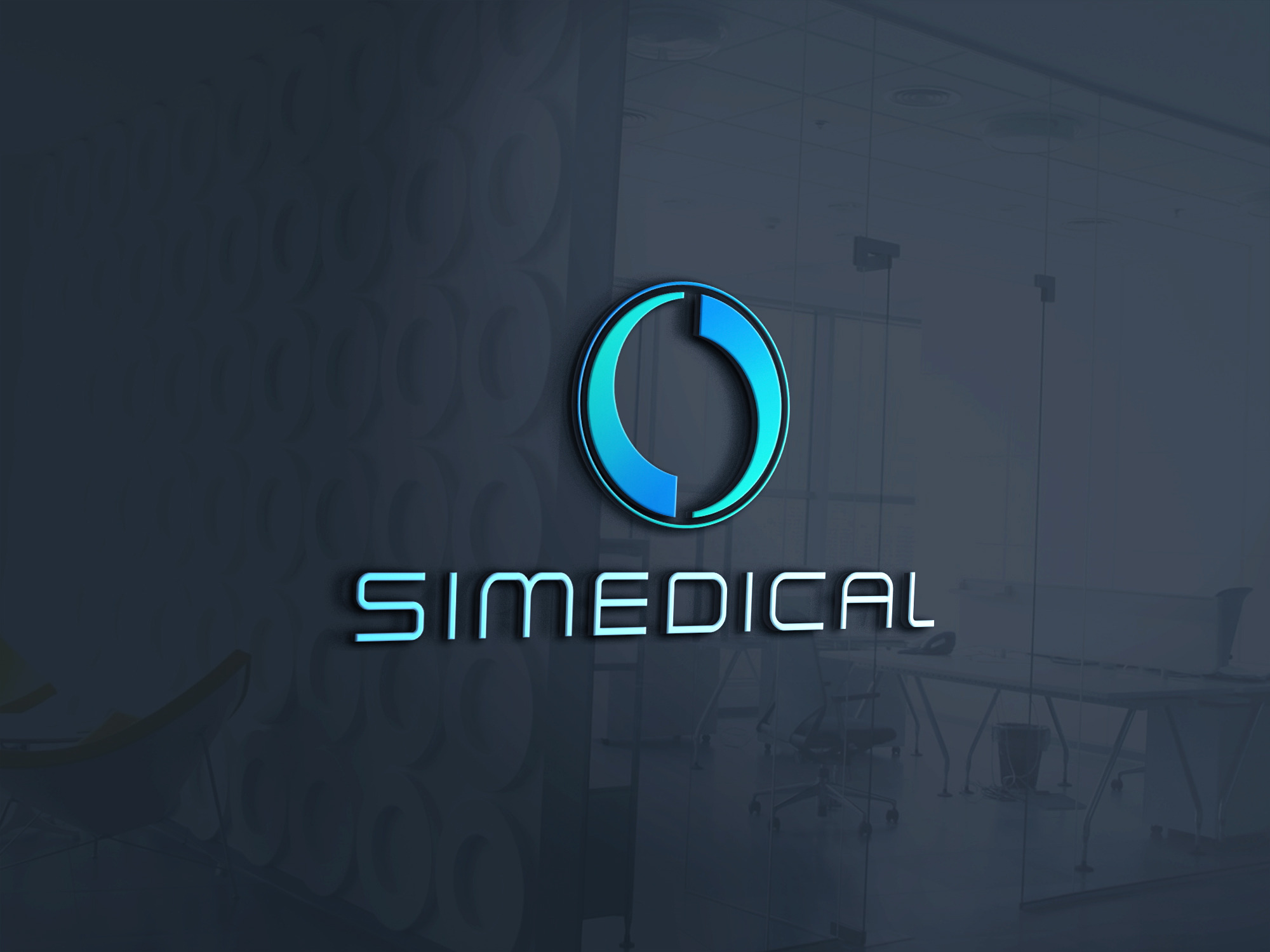 Grafika logo SIMEDICAL z niebieskim okręgiem i nazwą firmy, umieszczona na szarej ścianie z wzorem kół, widok na biuro przez szklaną ścianę.