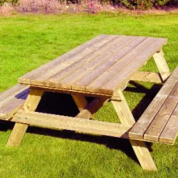 Drewniany stół piknikowy z dwiema ławkami, ustawiony na trawie, wykonany z jasnego drewna z widocznymi śrubami.