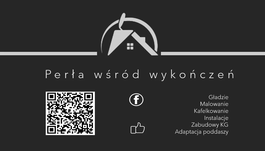 Wizytówka firmy budowlanej z logo przedstawiającym dom z kielnią, QR kodem, ikonami Facebooka i polubienia oraz listą usług: gładzie, malowanie, kafelkowanie, instalacje, zabudowy KG, adaptacja...
