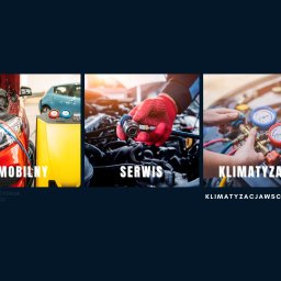 Klimatyzacja Wschód Mobilny Serwis Klimatyzacji - Mobilny serwis klimatyzacji: czerwony samochód z otwartą maską, żółta maszyna, ręce w czerwonych rękawicach i manometry. Klimatyzacjawschod.pl.
