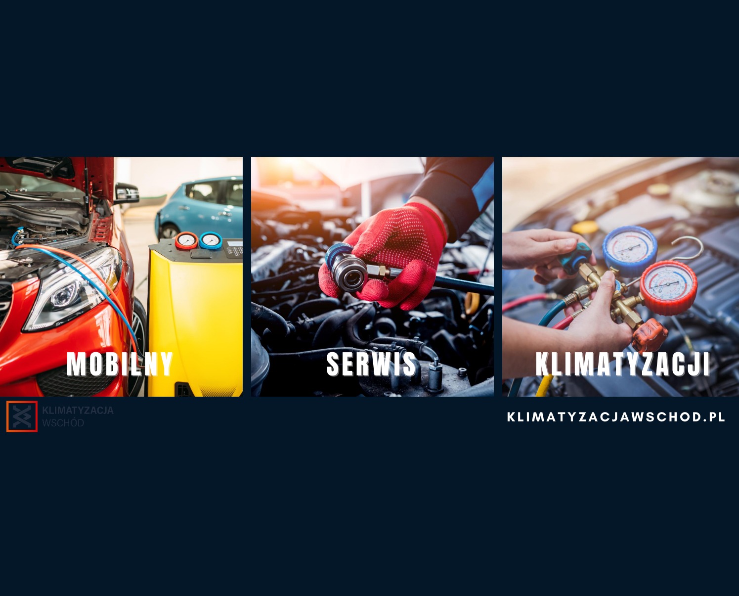 Mobilny serwis klimatyzacji: czerwony samochód z otwartą maską, żółta maszyna, ręce w czerwonych rękawicach i manometry. Klimatyzacjawschod.pl.