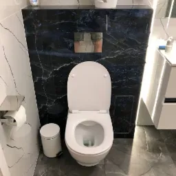 Biała toaleta z otwartą klapą w nowoczesnej łazience z marmurowymi płytkami na ścianach i podłodze, widoczny kosz na śmieci i roślina doniczkowa nad zabudową.