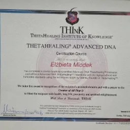 Certyfikat ukończenia kursu ThetaHealing Advanced DNA dla Elżbiety Miodek, wydany w Warszawie, 18 lutego 2018, z logo i podpisami.