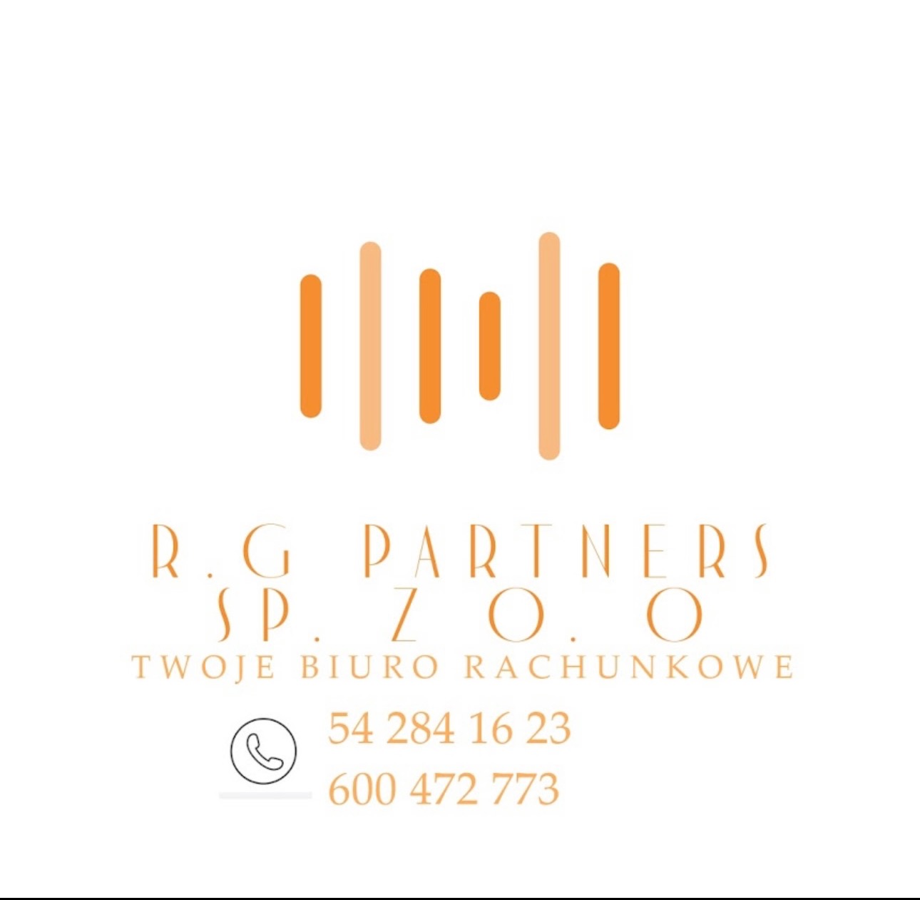 Logo firmy R.G. Partners Sp. z o.o. z pomarańczowym symbolem graficznym przypominającym wykres słupkowy i napisem 'Twoje Biuro Rachunkowe' oraz numerami telefonów na białym tle.