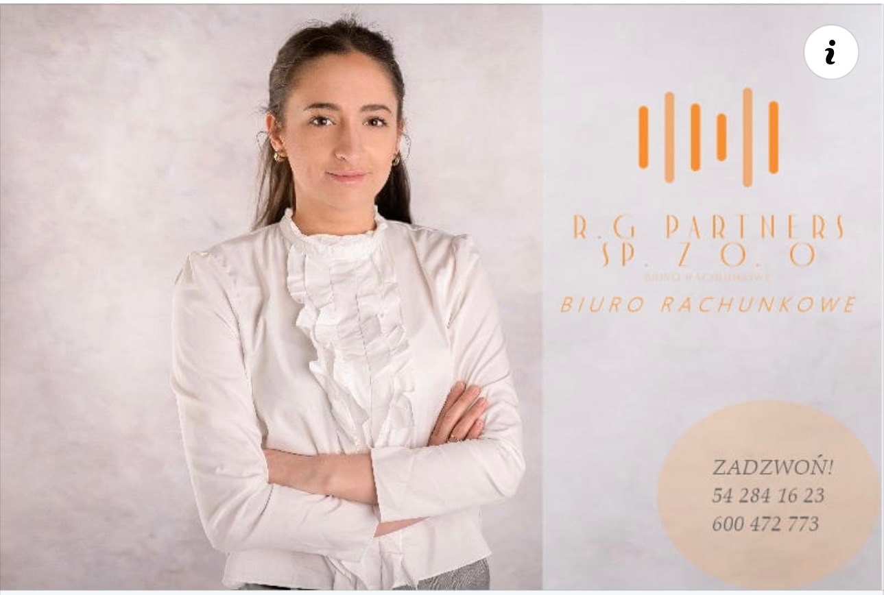 Portret kobiety w białej bluzce z żabotem na tle reklamy biura rachunkowego R.G. Partners Sp. z o.o. z numerami telefonów.