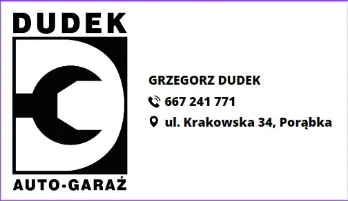 Logo firmy 'DUDEK AUTO-GARAŻ' z symbolem klucza w kwadracie, obok dane kontaktowe: imię i nazwisko, numer telefonu i adres.