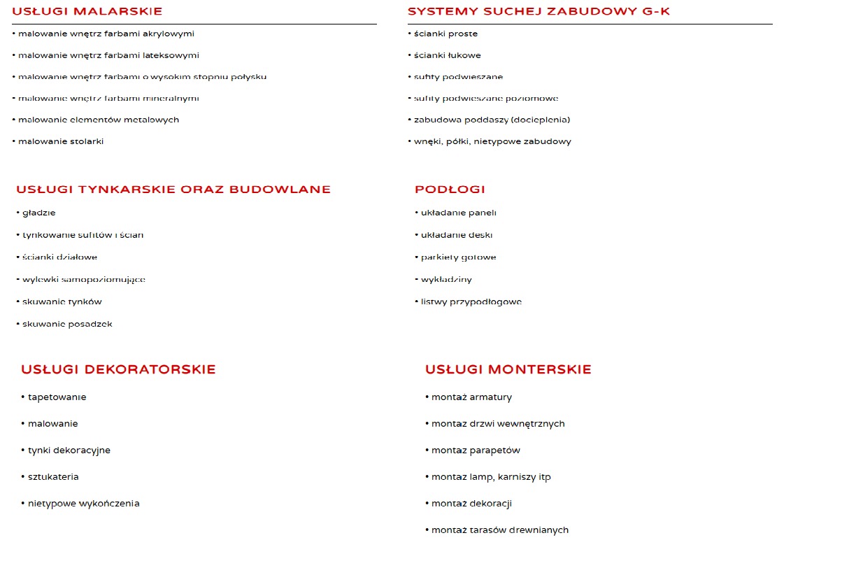 Lista usług budowlanych i wykończeniowych, w tym malarskich, tynkarskich, systemów suchej zabudowy, podłóg, dekoratorskich i monterskich.