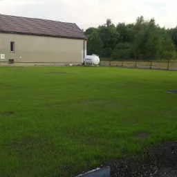 Świeżo założony trawnik przy budynku, z widocznym zbiornikiem na gaz i fragmentem obrzeża chodnika.