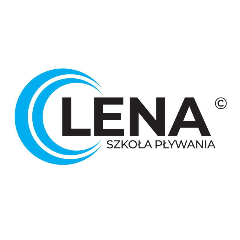 Logo szkoły pływania LENA z niebieskim półokręgiem i czarnym napisem.