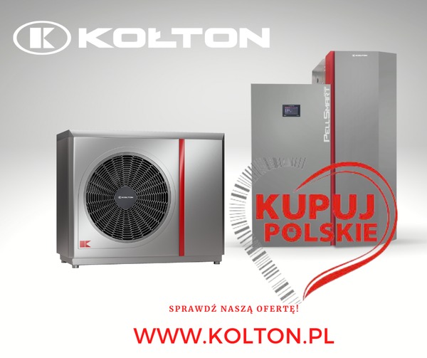 Dwie srebrne jednostki grzewcze Kolton z czerwoną linią, logo firmy u góry, napis 'Kupuj Polskie' w kształcie serca i adres strony internetowej na białym tle.
