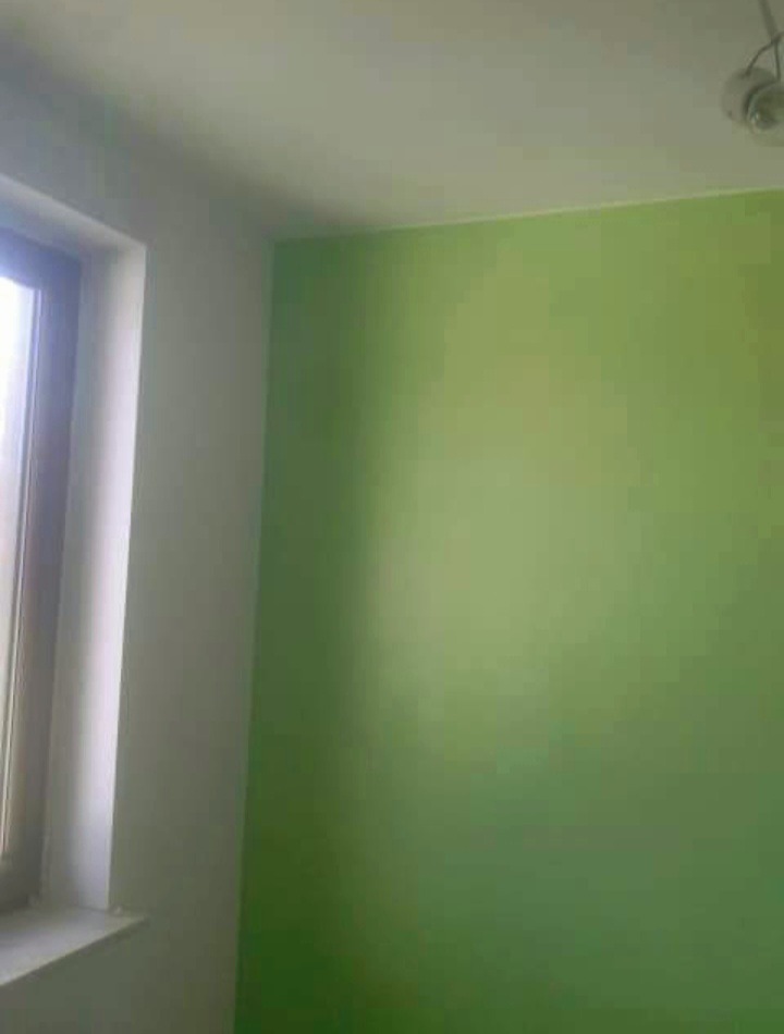 Świeżo pomalowana ściana w odcieniach zieleni w pokoju z oknem, widoczny fragment sufitu i lampy.