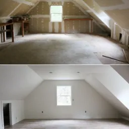 Poddasze po remoncie: porównanie stanu surowego z płytami gipsowymi i wykończonego wnętrza z pomalowanymi ścianami, nową podłogą i oświetleniem.