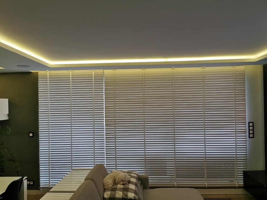 Jasne, drewniane żaluzje poziome w salonie z oświetleniem LED podsufitowym i psem śpiącym na kanapie.