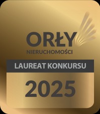 Złota odznaka 'Orły Nieruchomości' z napisem 'Laureat Konkursu 2025'.