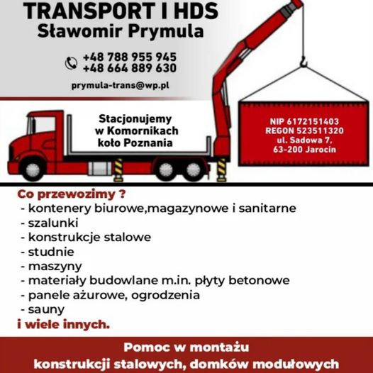 Grafika reklamowa firmy transportowej Prymula z czerwonym samochodem ciężarowym z dźwigiem HDS, przewożącym kontener, oraz listą oferowanych usług i danymi kontaktowymi.