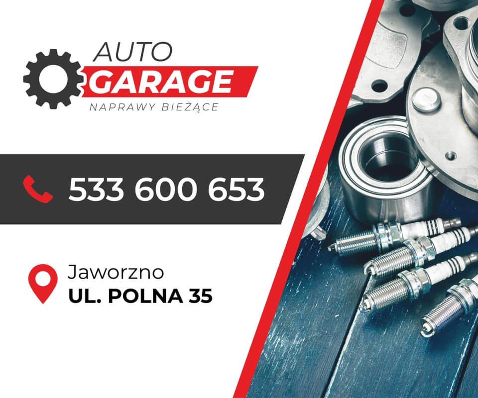 Grafika reklamowa warsztatu samochodowego z logo 'Auto Garage', numerem telefonu 533 600 653 i adresem Jaworzno, ul. Polna 35, obok widoczne części samochodowe, w tym łożyska i świece zapłonowe...