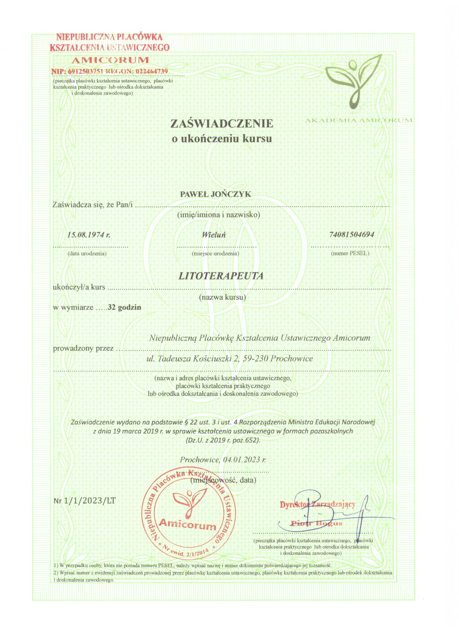 Skan zaświadczenia o ukończeniu kursu litoterapii, wydanego przez Niepubliczną Placówkę Kształcenia Ustawicznego Amicorum, z danymi osobowymi Pawła Jończyka i datą 04.01.2023.