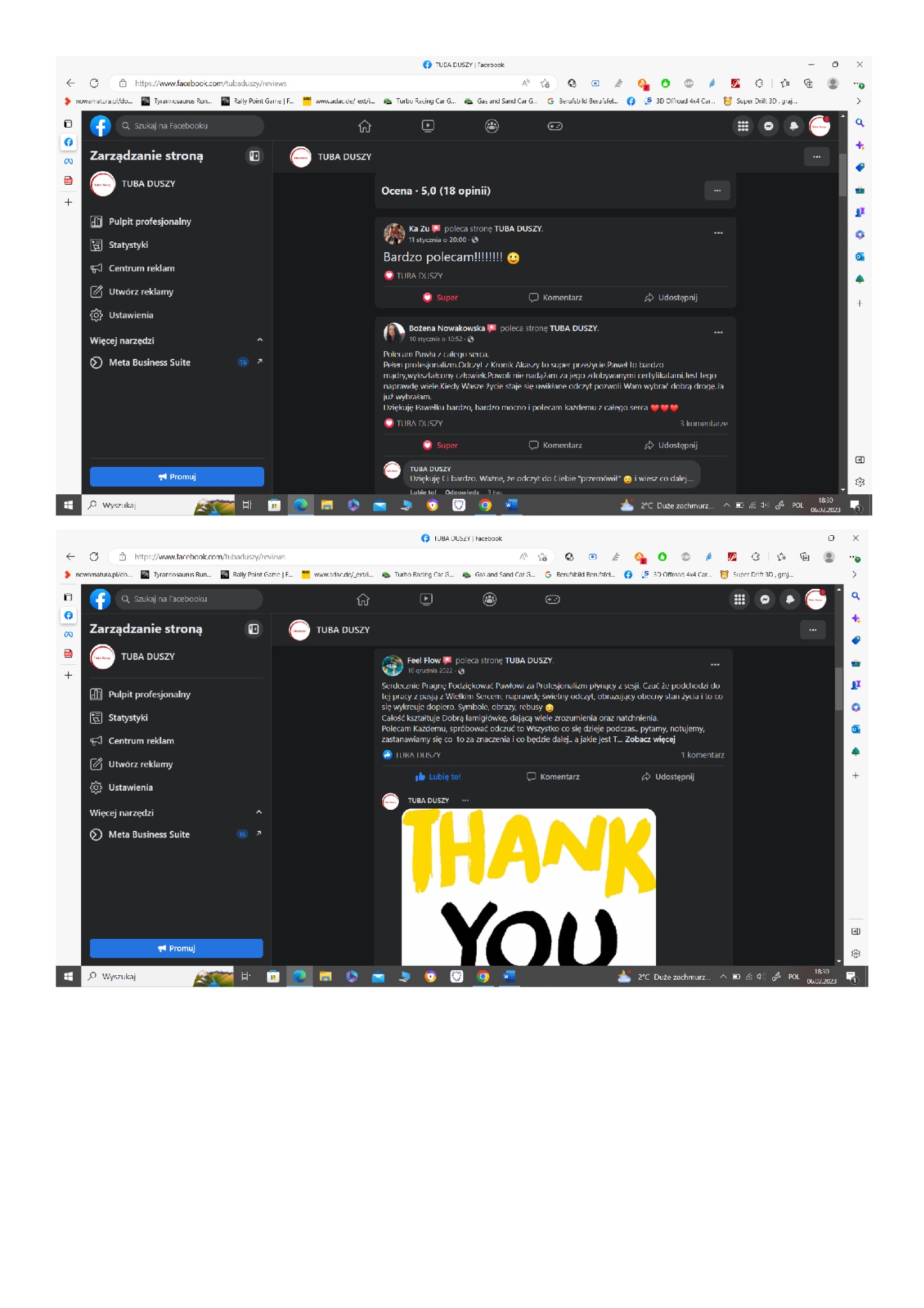 Zrzut ekranu strony Facebook firmy 'TUBA DUSZY' z opiniami klientów, w tym pozytywnymi recenzjami na temat odczytów z Kronik Akaszy i sesji z Pawłem, z widocznym napisem 'THANK YOU' u dołu.