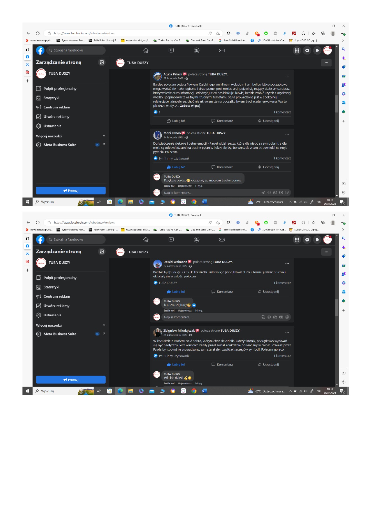 Zrzut ekranu strony Facebook firmy TUBA DUSZY z opiniami klientów o sesjach. Widoczne pozytywne recenzje użytkowników dotyczące odczytu kronik i symboli, podkreślające wnikliwość i emocjonalne...
