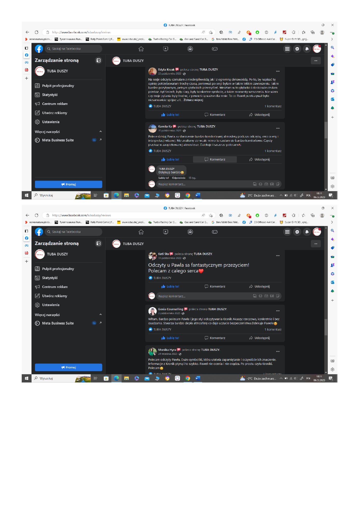 Zrzut ekranu strony Facebook firmy 'TUBA DUSZY' z opiniami klientów na temat odczytów Pawła, podkreślający pozytywne doświadczenia i profesjonalne podejście.