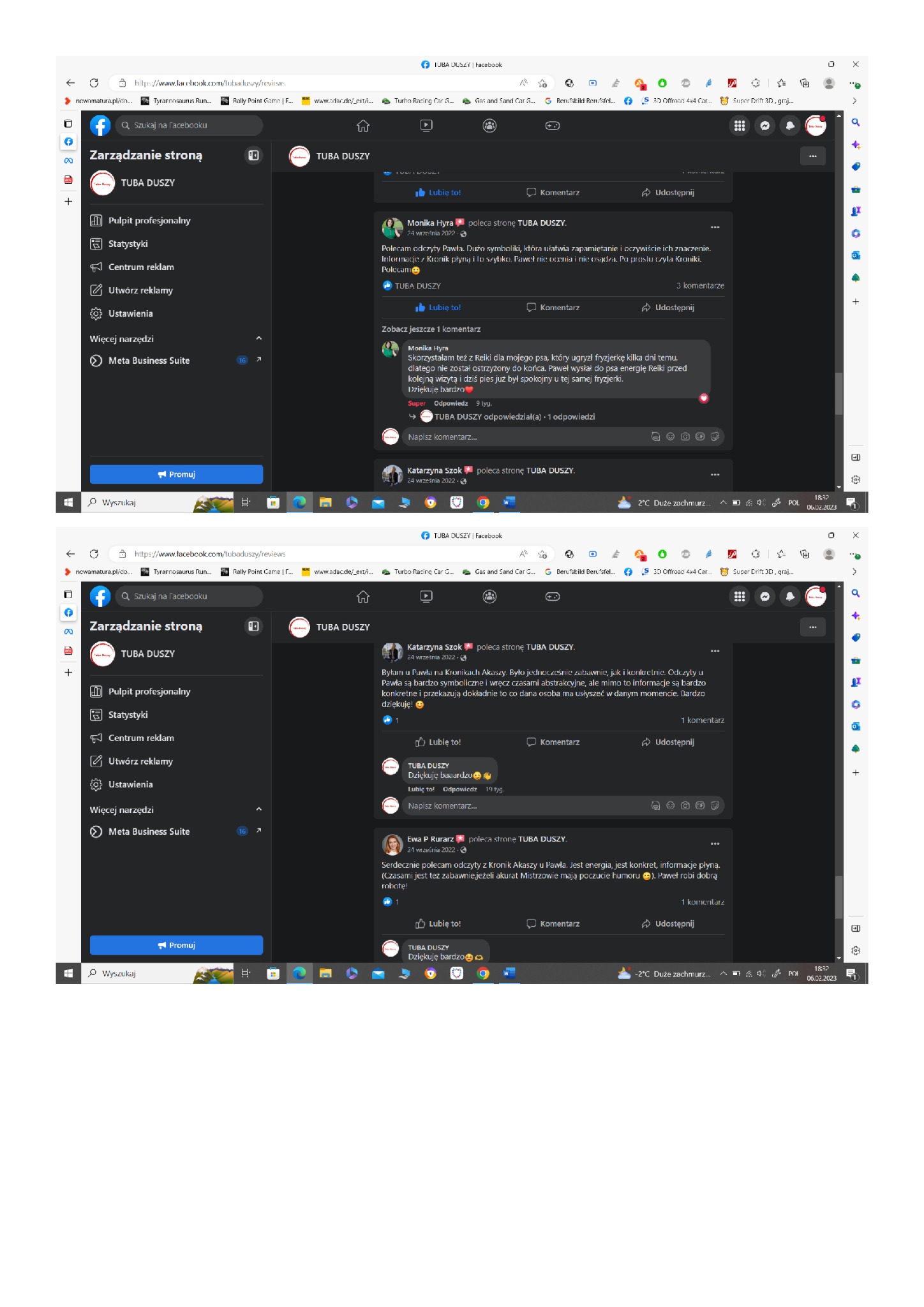 Zrzut ekranu strony Facebooka firmy 'TUBA DUSZY' prezentujący opinie klientów dotyczące odczytów z Kronik Akaszy i Reiki.