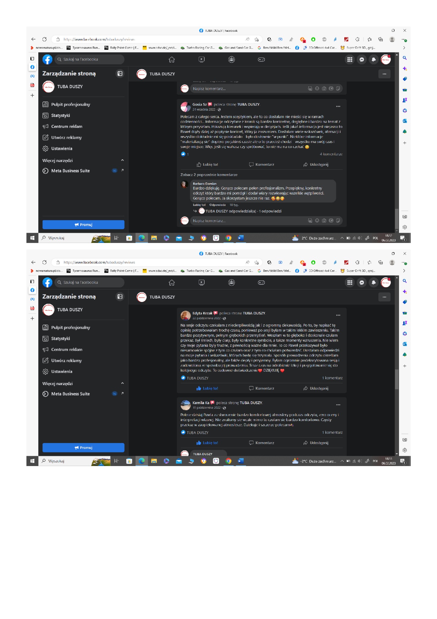 Zrzut ekranu strony Facebook firmy Tuba Duszy prezentujący pozytywne opinie klientów na temat odczytów i sesji, z widocznymi komentarzami i polubieniami.
