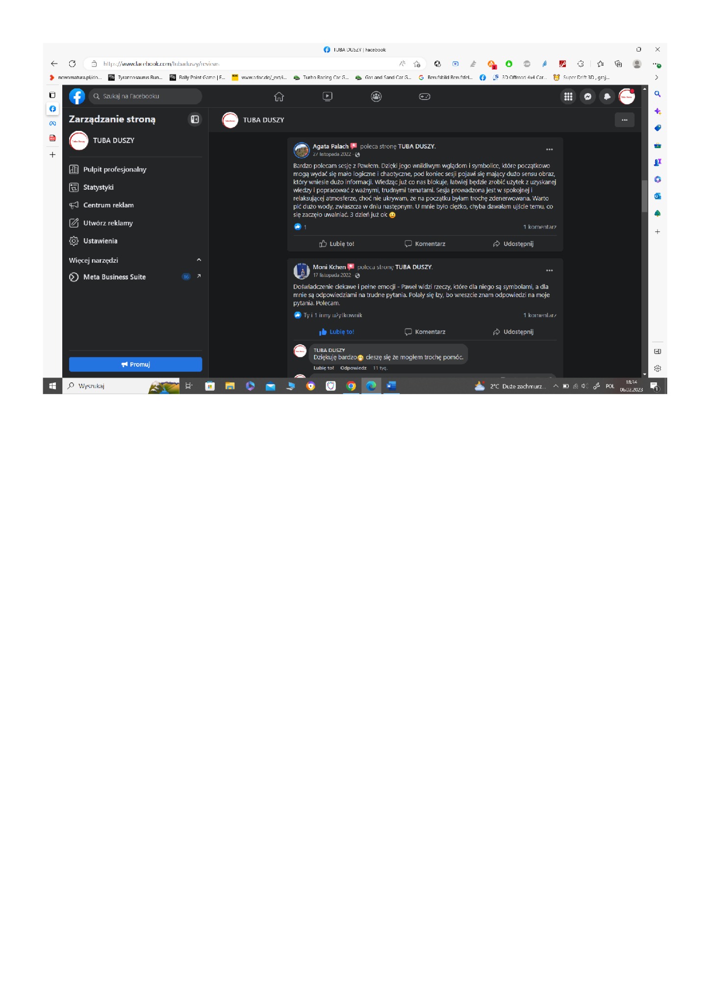 Oto opinie klientów skopiowane z mojej strony na Facebooku.