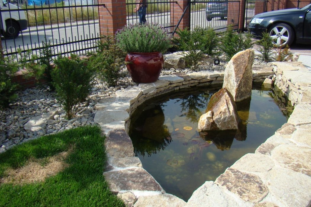 Oczko wodne z kamienną obudową, ozdobne kamienie wewnątrz, liliami wodnymi i roślinnością w donicy w tle, na tle trawnika i ogrodzenia.