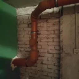 Pomarańczowe rury kanalizacyjne z obejmami mocowane do starej, białej ściany z cegły w pomieszczeniu z zieloną ścianą i widoczną instalacją elektryczną.