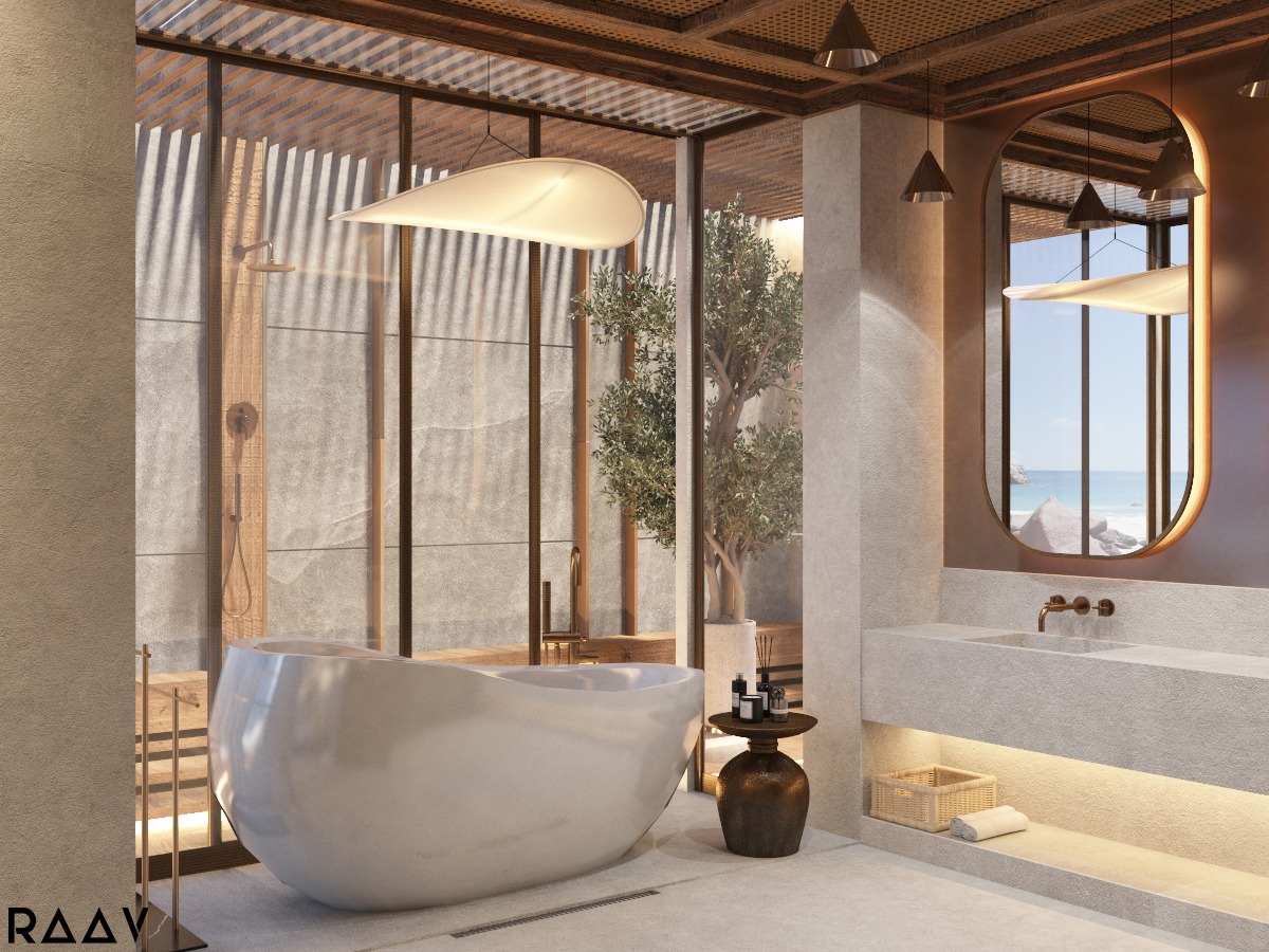 Jasna łazienka w stylu spa z wolnostojącą wanną, dużym oknem z widokiem na zieleń, podświetlanym lustrem w owalnej ramie i kamienną umywalką.