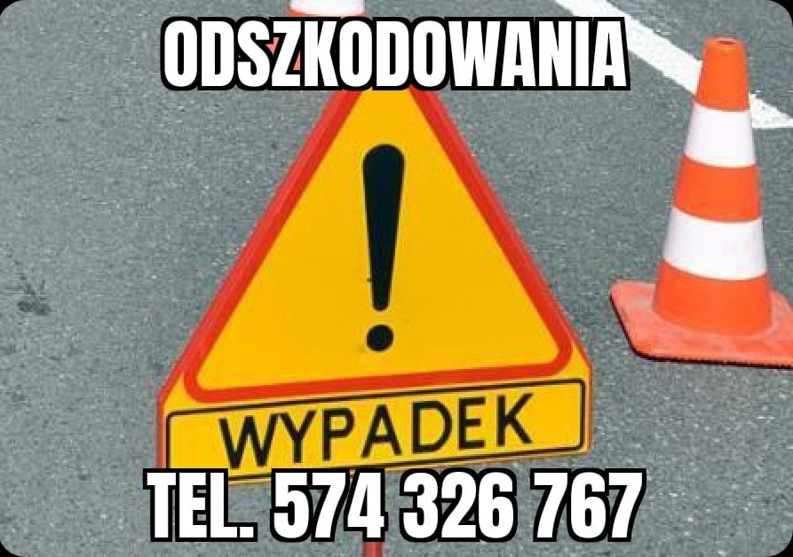 Żółty trójkątny znak ostrzegawczy z wykrzyknikiem i napisem 'WYPADEK' oraz numerem telefonu na tle asfaltu i pomarańczowo-białego pachołka drogowego, napis 'ODSZKODOWANIA' u góry.
