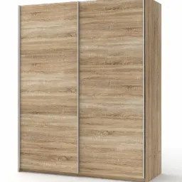 Szafa przesuwna z frontami imitującymi jasne drewno dębowe, z subtelnymi srebrnymi uchwytami na białym tle.