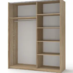 Wnętrze szafy z płyty drewnopodobnej, widoczne półki i drążek na ubrania, puste przestrzenie.