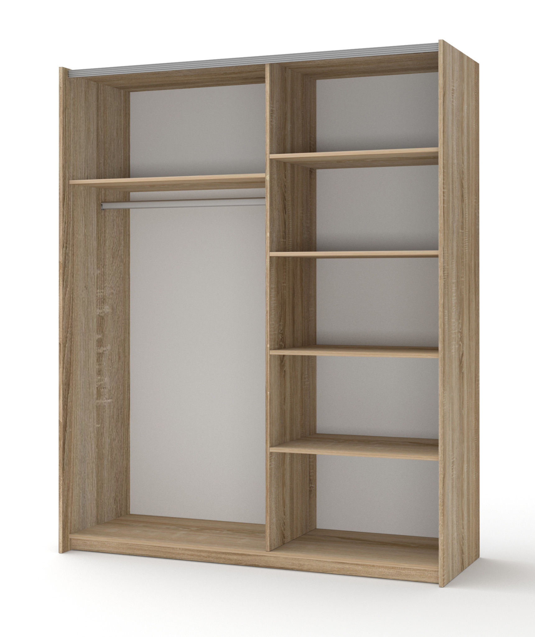 Wnętrze szafy z płyty drewnopodobnej, widoczne półki i drążek na ubrania, puste przestrzenie.