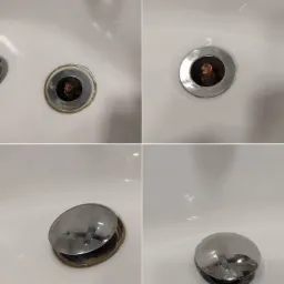 Cztery ujęcia odpływu umywalki: przed i po czyszczeniu, z widocznym brudem i osadem usuniętym po zabiegu.