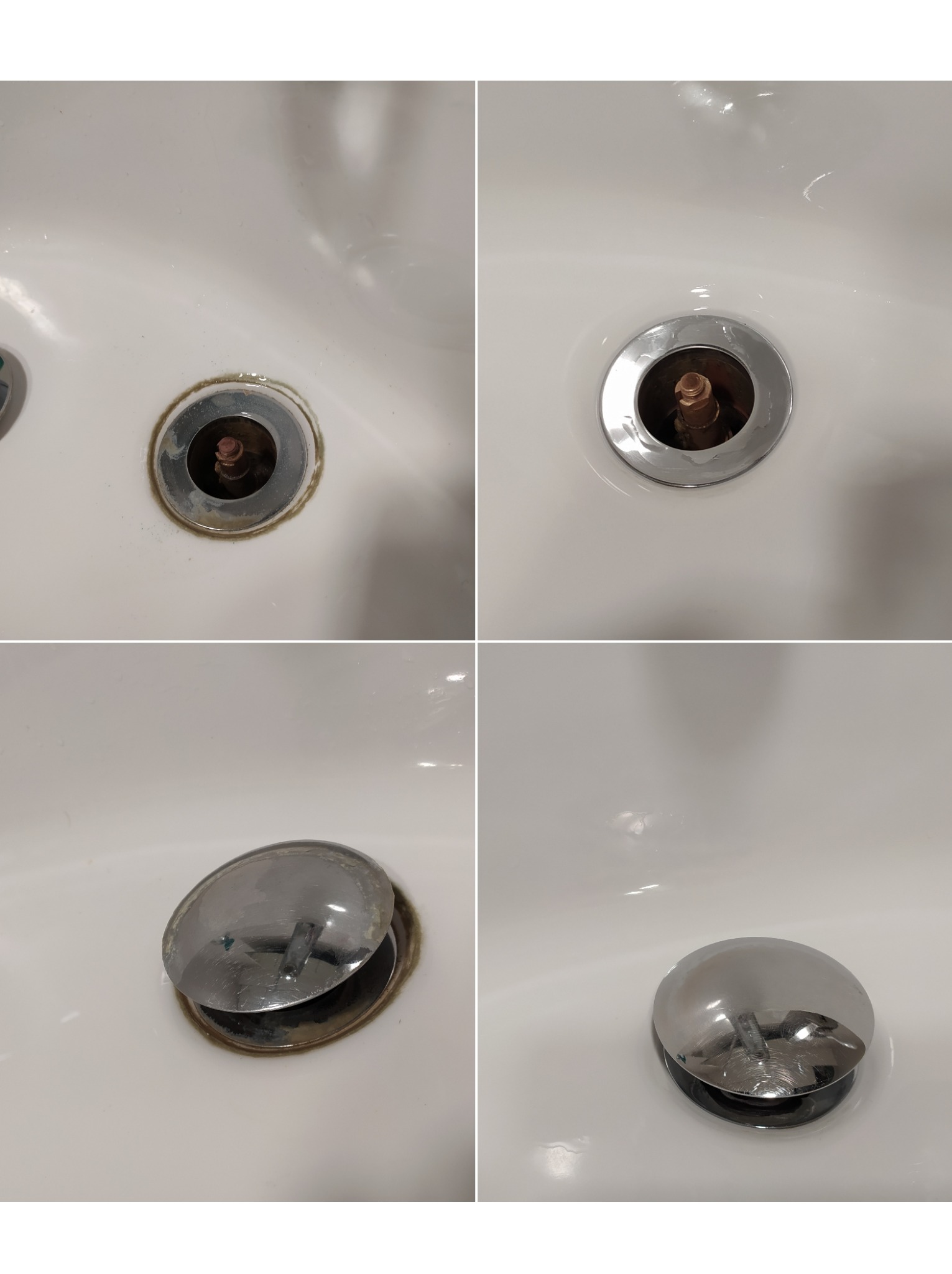 Cztery ujęcia odpływu umywalki: przed i po czyszczeniu, z widocznym brudem i osadem usuniętym po zabiegu.