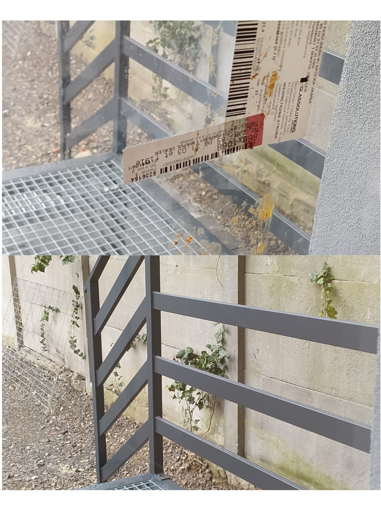 Metalowa konstrukcja z kratą, zabrudzona i z naklejoną etykietą, widoczne fragmenty roślinności na tle betonowego muru.