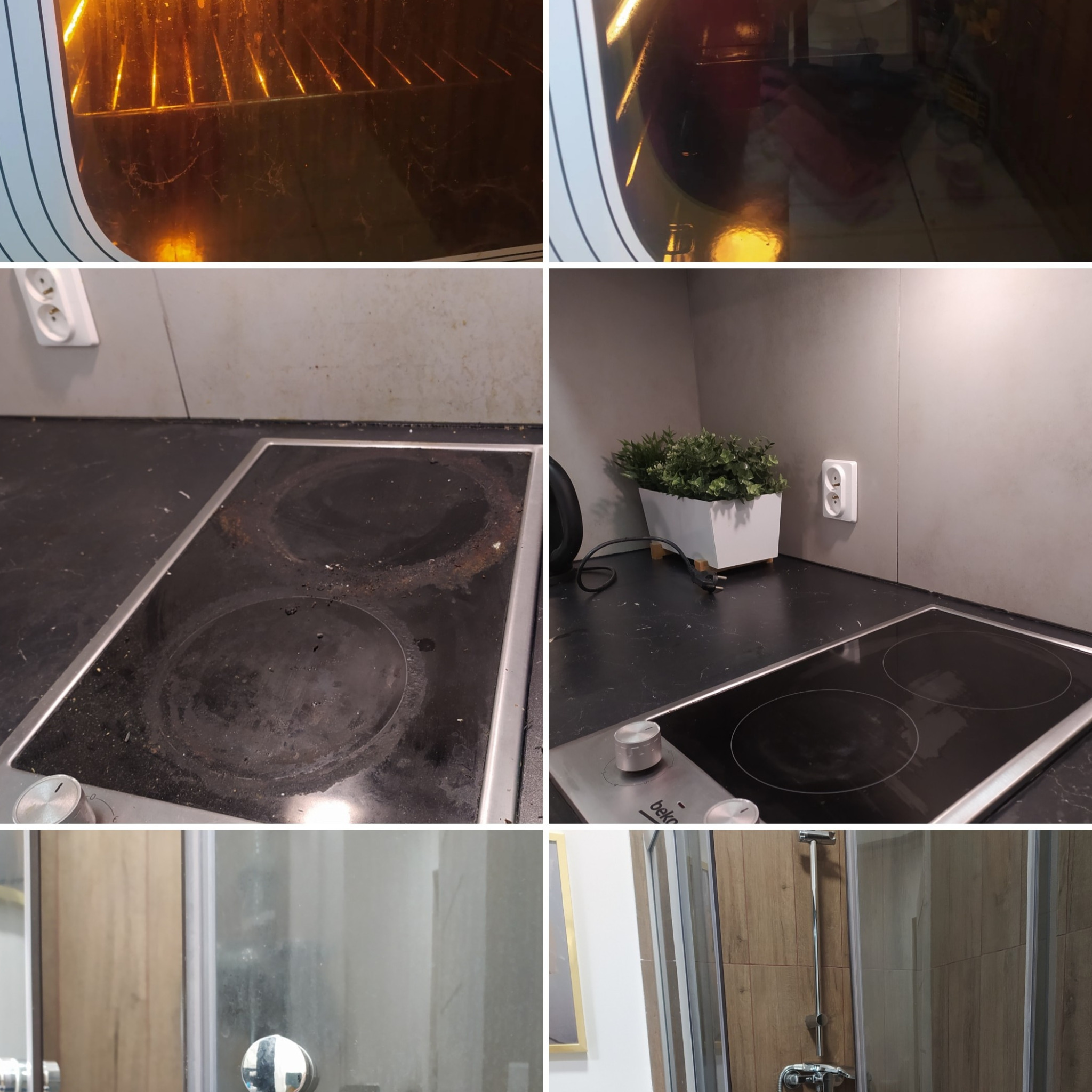 Kolaż przedstawiający bardzo zabrudzony piekarnik, płytę indukcyjną z przypaleniami oraz zakamienioną kabinę prysznicową.
