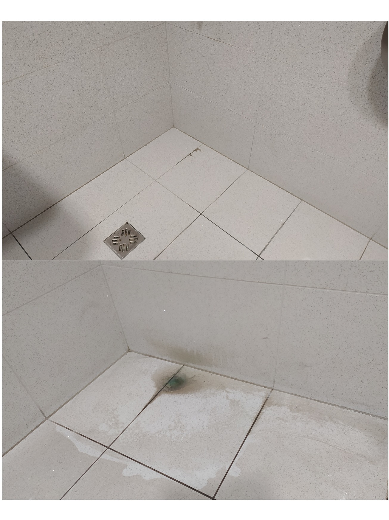 Porównanie stanu kabiny prysznicowej przed i po czyszczeniu: górny kadr pokazuje czyste, białe płytki z metalowym odpływem, dolny kadr ukazuje zabrudzenia i pozostałości po wodzie na płytkach...