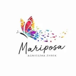 Kolorowe logo firmy Mariposa Agnieszka Żyrek z motywem motyla, którego skrzydła przechodzą w kropki.