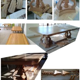 Rivej Sergii Yatsunov - Etapy tworzenia drewnianego stołu: rzeźbione nogi, blat i elementy konstrukcyjne w warsztacie stolarskim. Widoczne detale wykończenia i montażu.