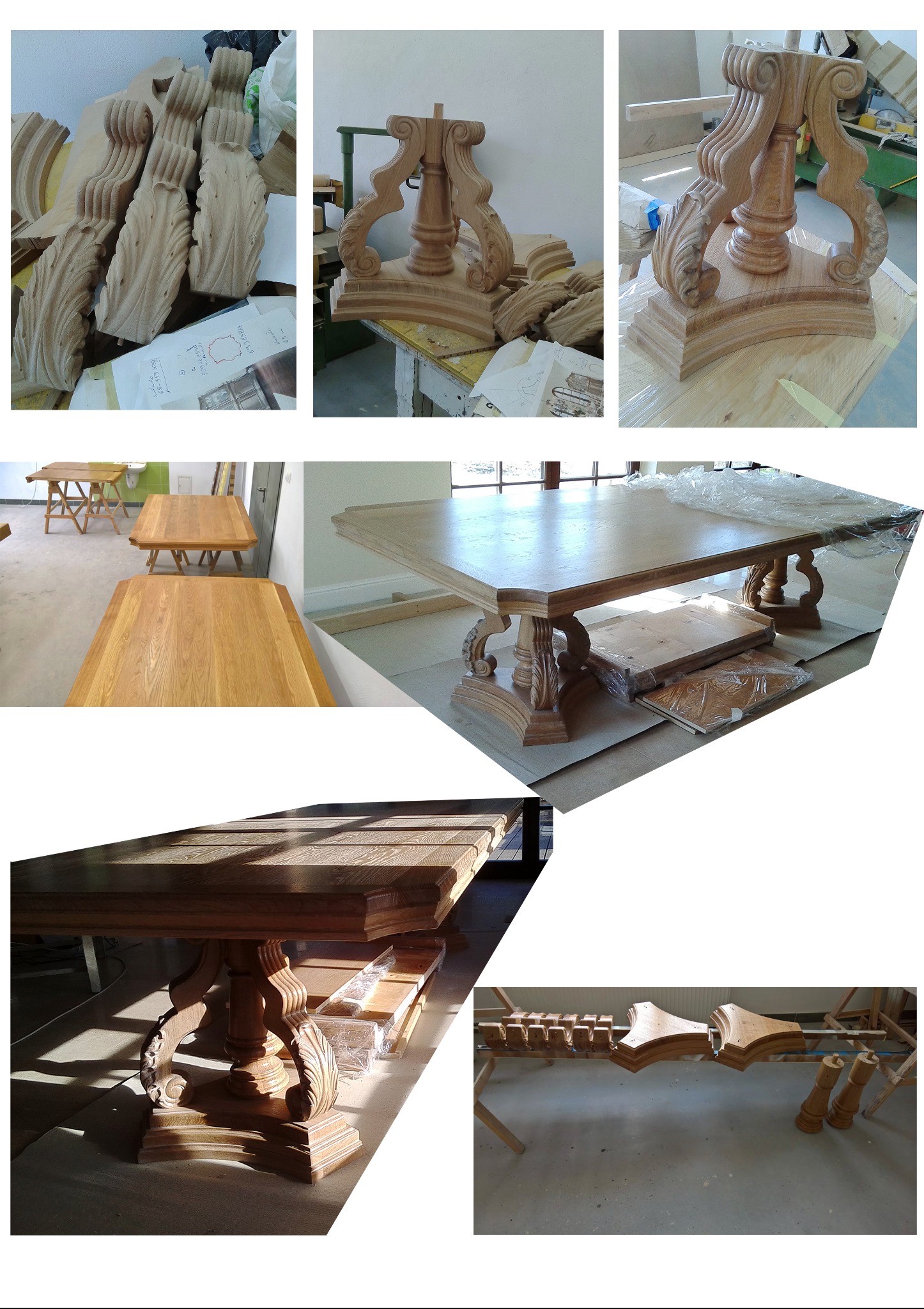 Etapy tworzenia drewnianego stołu: rzeźbione nogi, blat i elementy konstrukcyjne w warsztacie stolarskim. Widoczne detale wykończenia i montażu.