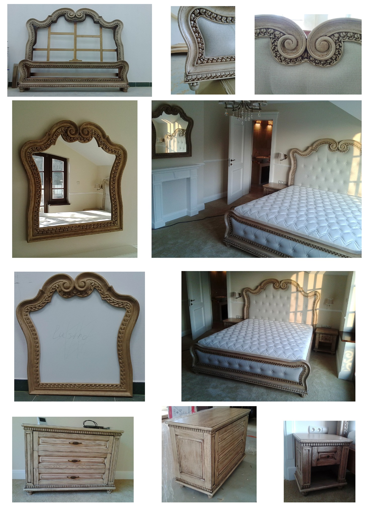 Eleganckie, drewniane meble w stylu retro z rzeźbieniami: łóżko, komoda, szafka nocna i lustro, wykonane na zamówienie we Wrocławiu. Klasyczny design.