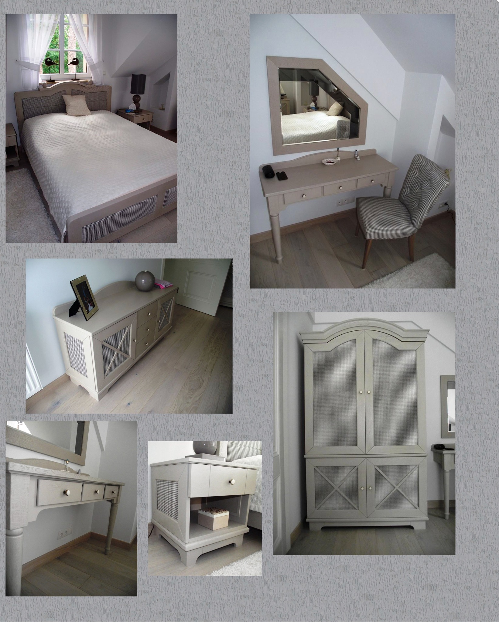 Komplet mebli do sypialni w stylu klasycznym: łóżko, szafa, toaletka z lustrem i komoda. Jasne drewno, charakterystyczne ażurowe fronty.